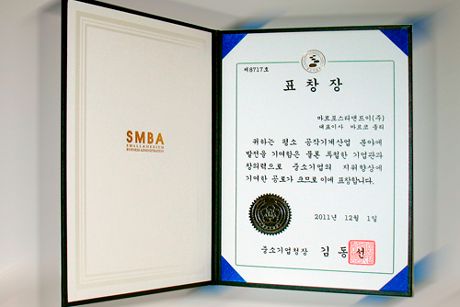 MARPOSS T&E AWARDED BY THE KOREAN SMALL AND MEDIUM BUSINESS ADMINISTRATION (SMBA)